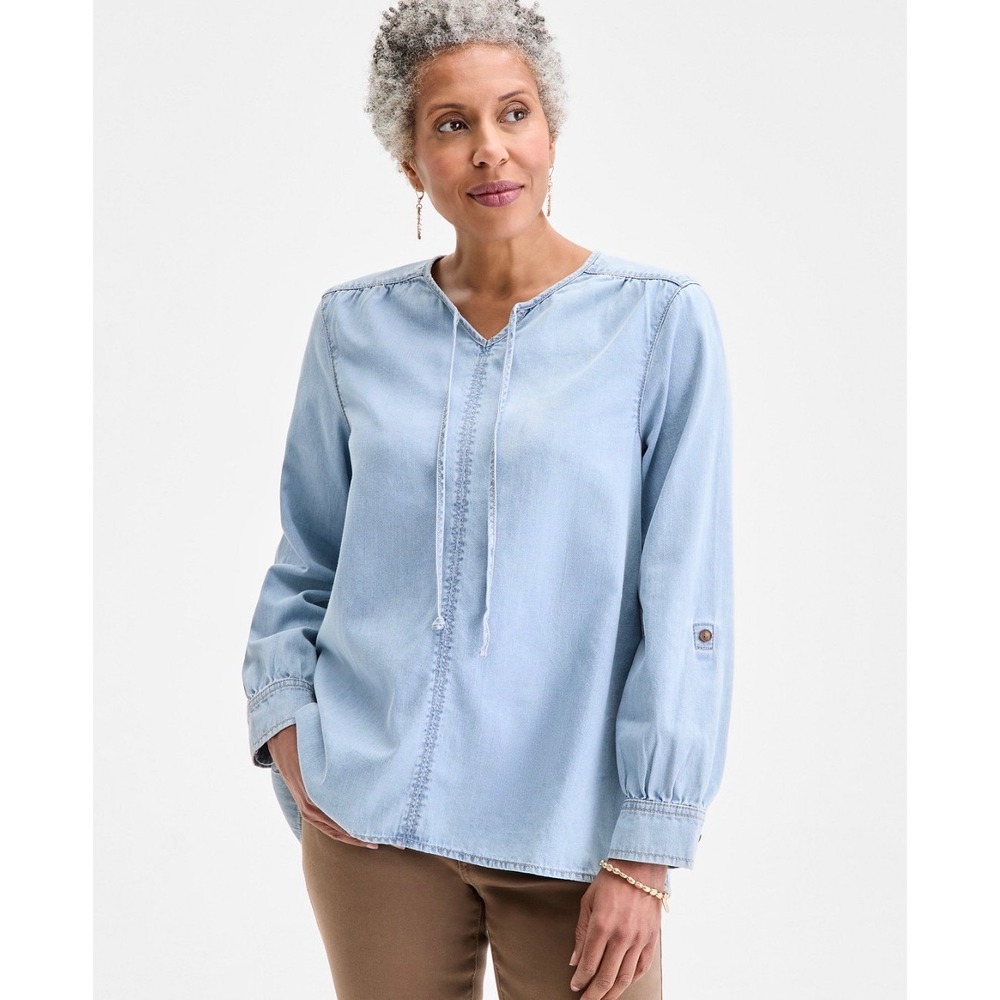 Style & Co Womens Petite Light Wash Denim Embroidered Tie Neck Blouse PM Blue